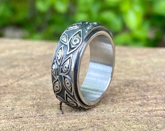 Mens Chunky Infinity Eye Ring - RVS zilveren band - dikke rustieke Fidget Ring - draaiende ring - ADHD Ring -