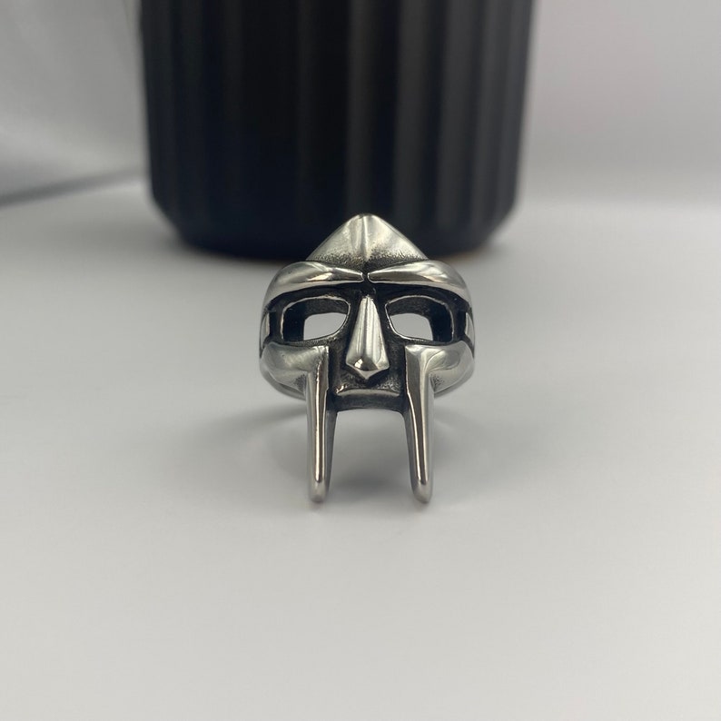 Silver MF DOOM Ring Steel DR Doom Ring Villain Mask Ring for men mens silver gladiator ring rapper ring kanye west Rap Snitches image 3