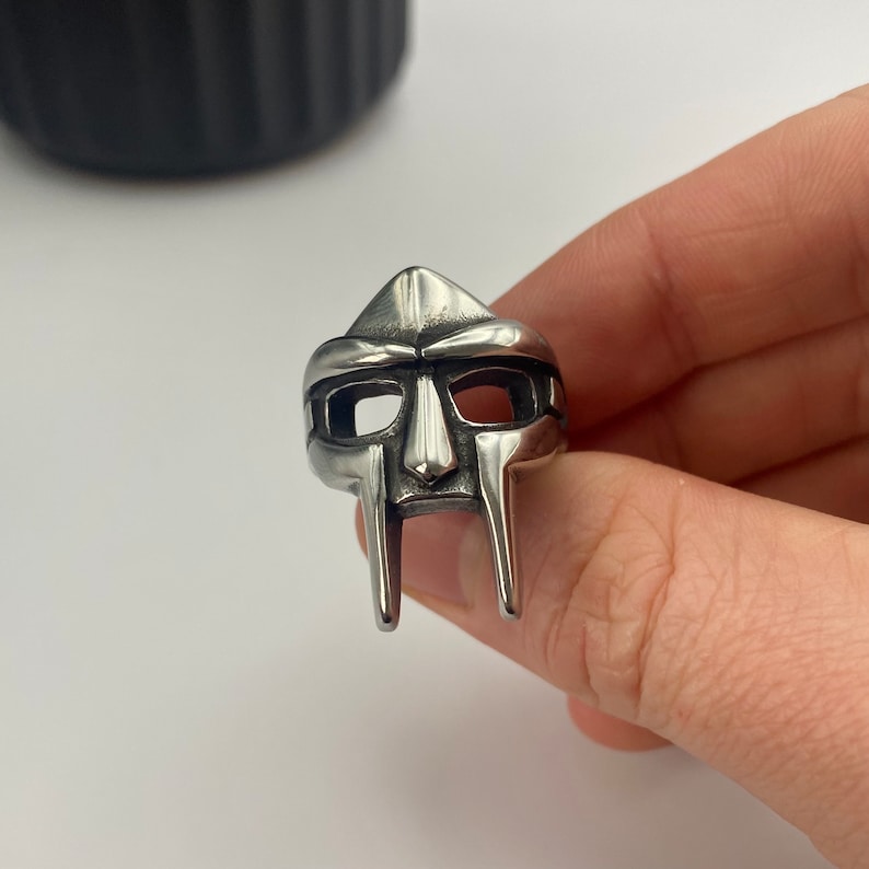 Silver MF DOOM Ring Steel DR Doom Ring Villain Mask Ring for men mens silver gladiator ring rapper ring kanye west Rap Snitches image 5