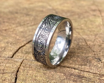 Silver Engraved Ring - Mens Band Wave Pattern Ring - Geometric Style Vintage Ring - Male Band Ring