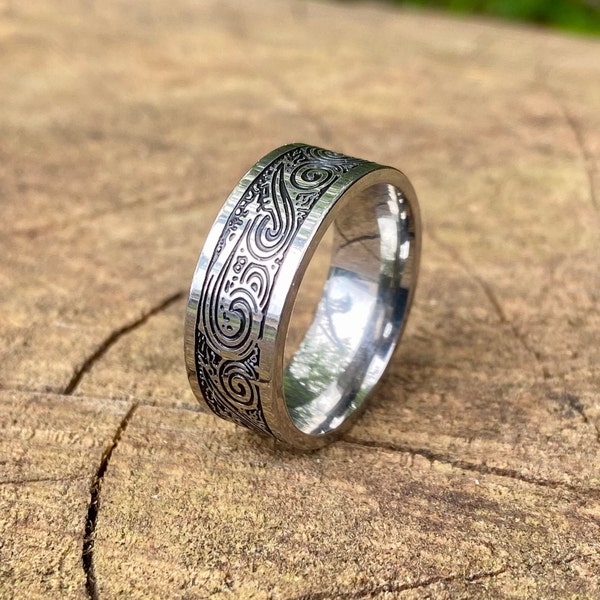 Silver Engraved Ring - Mens Band Wave Pattern Ring - Geometric Style Vintage Ring - Male Band Ring