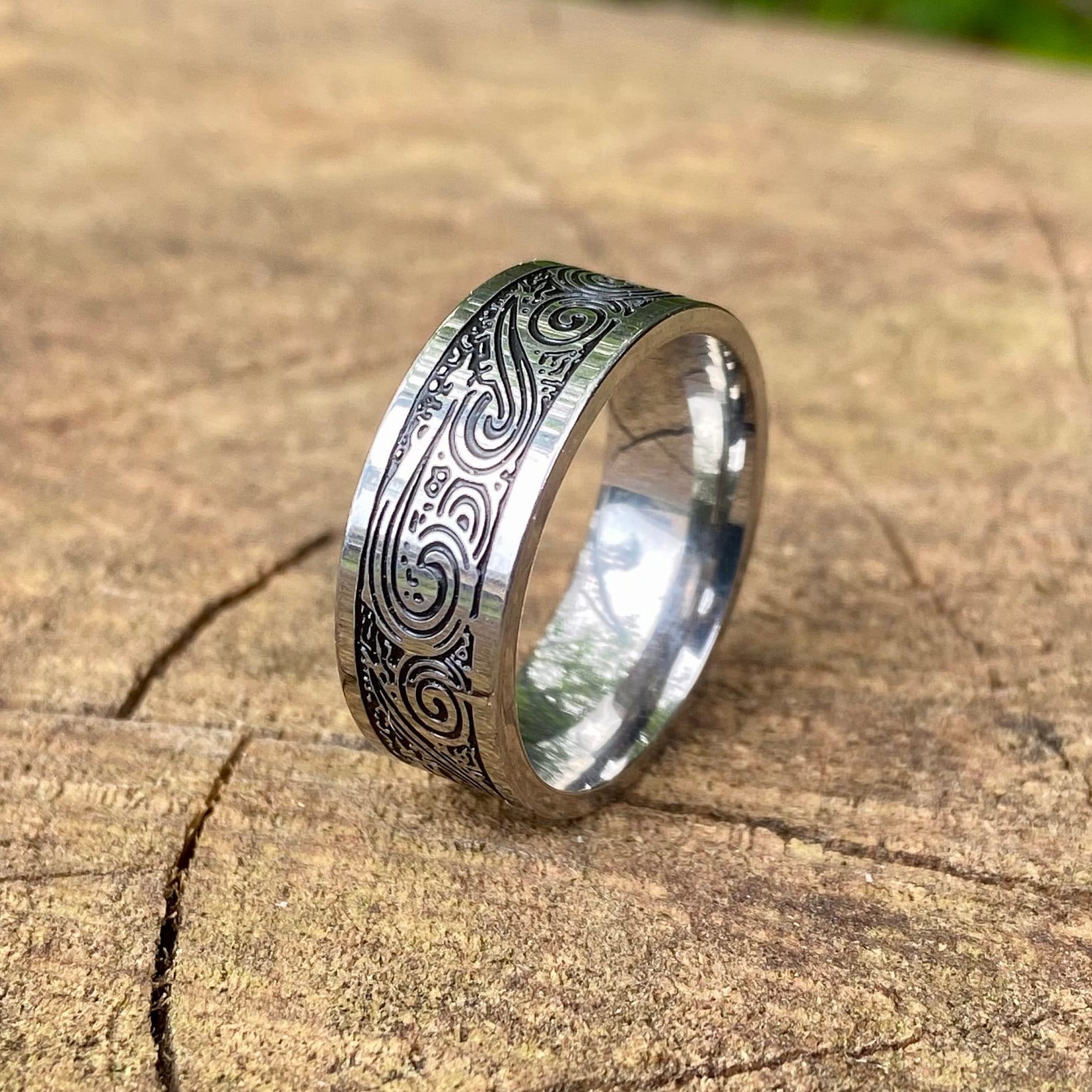 Stainless Steel Greek Band Ring Silver Aztec Geometric Pattern