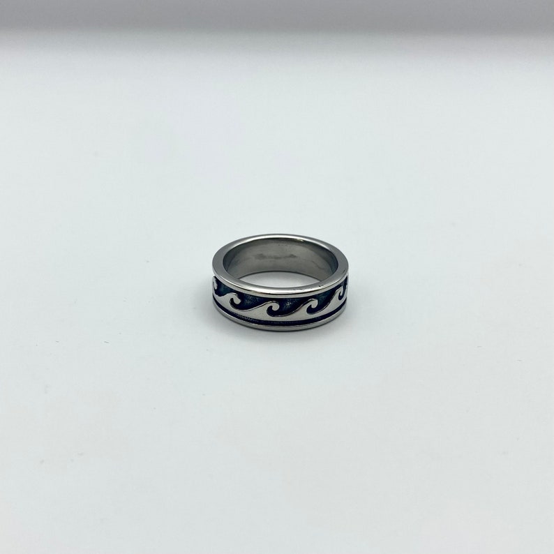 Silver Wave Band Stainless Steel Wave Pattern Ring Geometric Style Vintage Ring Male Band Ring Sea Ripple ring image 5