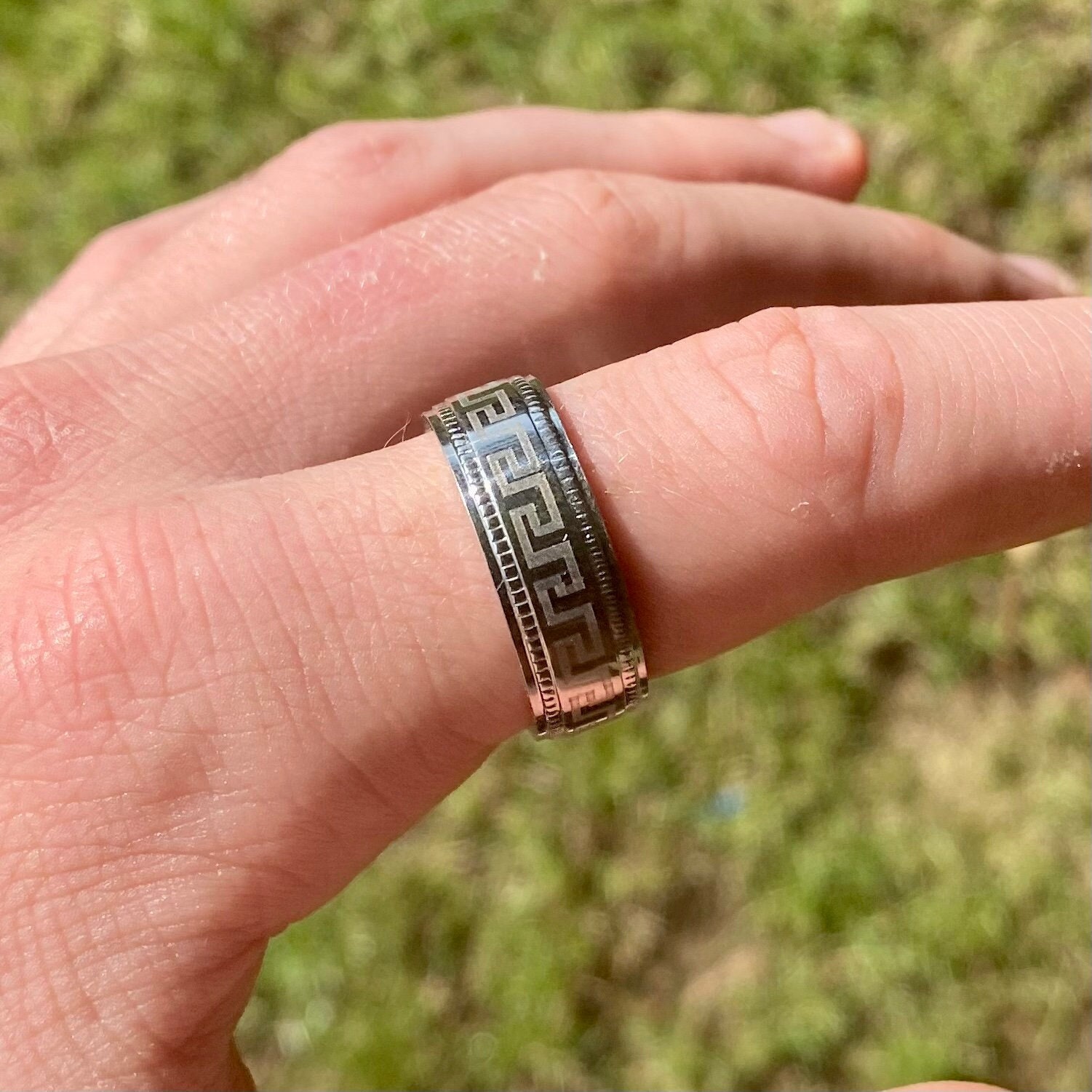 Silver Engraved Ring Mens Band Wave Pattern Ring Geometric 