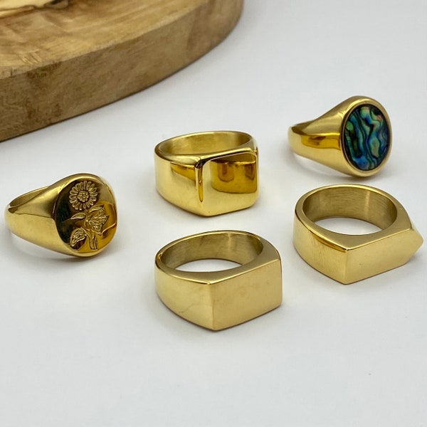 Mens Gold Rings - Stainless Steel Signet Rings - Rings for men - Set of rings - Gold Streetwear Jewellery - Unisex Rings - Abalone Shell