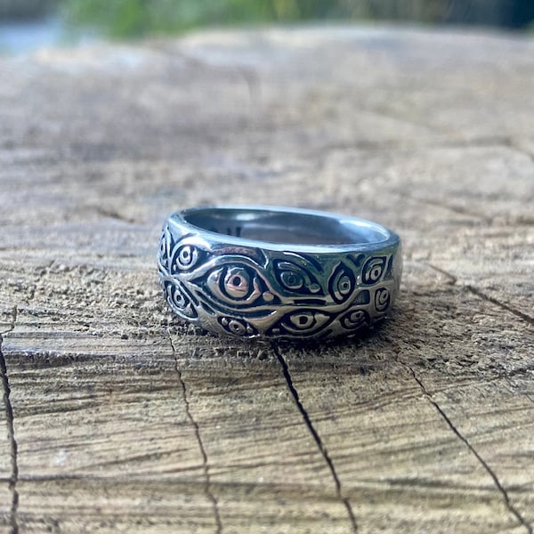 Bague oeil infini pour homme - bande rustique en acier inoxydable - grosse bague oeil - grosse bague géométrique argentée - bague yeux de serpent