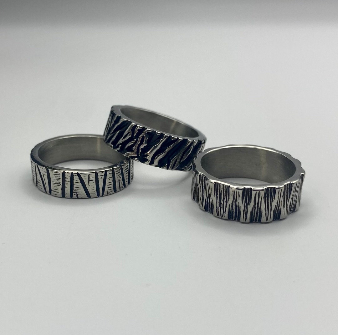 Stainless Steel Textured Ring Gun Metal Etched Rings Mens Steel Ring