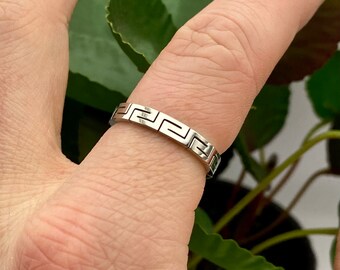 Mens Silver Greek Ring - Mens Stainless Steel Band - Geometric Style Ring - Male Band Ring - Silver Pattern Ring - Ancient Greek Ring