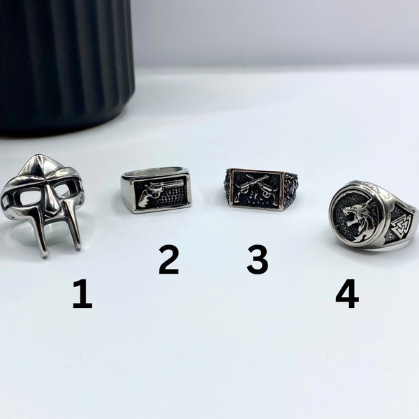 MF DOOM Ring - Stainless Steel Viking Norse Style Rings  - Alpha Wolf Ring - Western Gun Pistol Rectangle Ring - Rectangle Edgy Ring