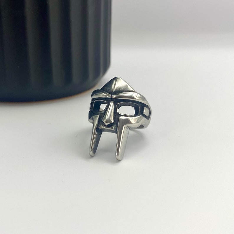 Silver MF DOOM Ring Steel DR Doom Ring Villain Mask Ring for men mens silver gladiator ring rapper ring kanye west Rap Snitches image 2