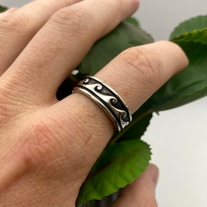 Silver Wave Band Stainless Steel Wave Pattern Ring Geometric Style Vintage Ring Male Band Ring Sea Ripple ring image 2