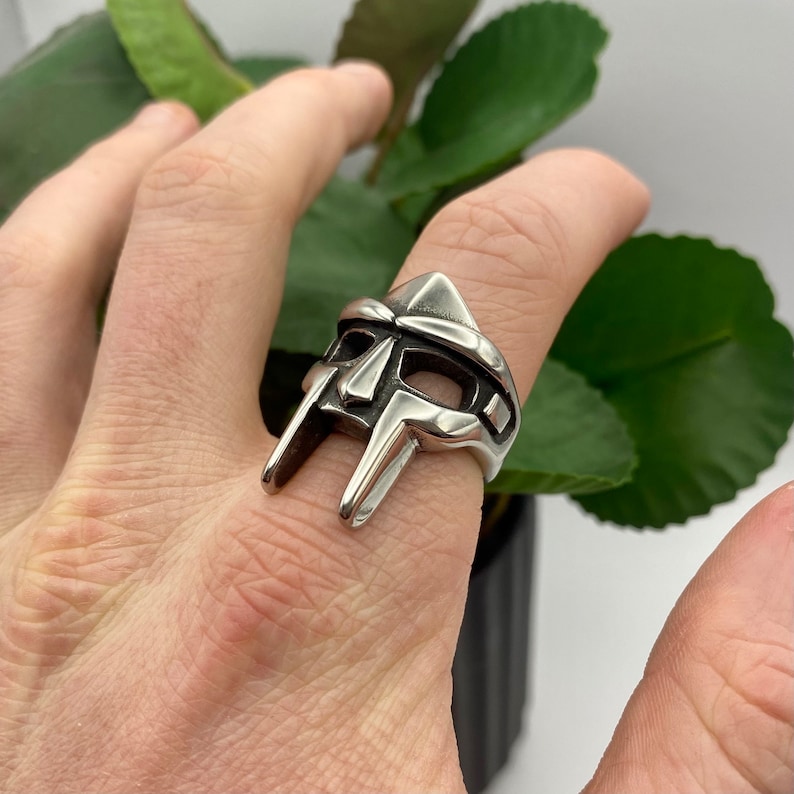 Silver MF DOOM Ring Steel DR Doom Ring Villain Mask Ring for men mens silver gladiator ring rapper ring kanye west Rap Snitches image 6