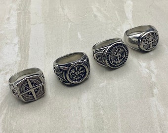 Mens Silver Signet Rings - Stainless Steel Viking Norse Style Rings - Compass Rings for men - Set of rings - Silver Streetwear Jewellery -