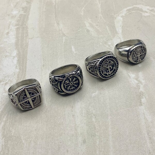 Mens Silver Signet Rings - Stainless Steel Viking Norse Style Rings - Compass Rings for men - Set of rings - Silver Streetwear Jewellery -