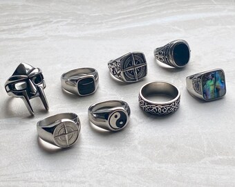 Mens Silver Rings - Stainless Steel Signet Rings - Rings for men - Set of rings - MFDOOM ring - Unisex Rings - Abalone Shell - MF DOOM