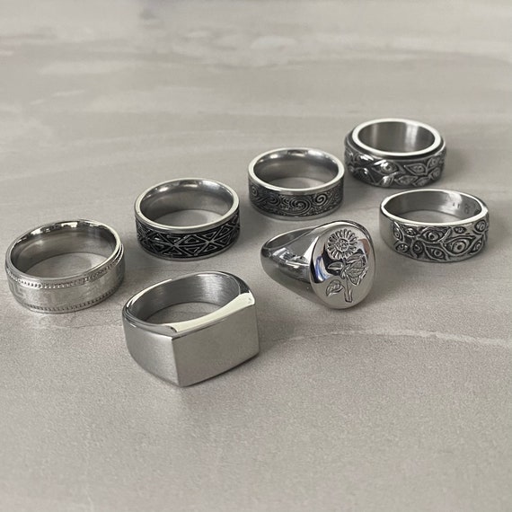 Mens Silver Stainless Steel Rings Signet Rings Rings for Men Set of Rings  Silver Flower Jewellery Unisex Spinning Eye Rings 