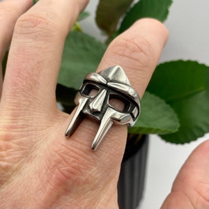 Silver MF DOOM Ring Steel DR Doom Ring Villain Mask Ring for men mens silver gladiator ring rapper ring kanye west Rap Snitches image 4