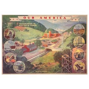 Coca Cola Our America Transmission of Electric Power Original 1940s Education Poster Mounted on Archival Linen (Not a reproduction)