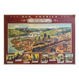 Our America Presented by Coca Cola Original 1940s Educational Poster For Iron and Steel Mounted on Archival Linen (Not a reproduction)