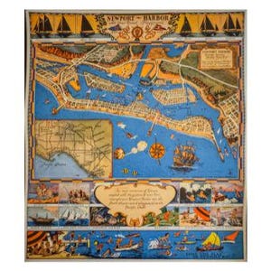 Aire de jeux toute l'année du port de Newport en Californie, vintage 1938, Claude G. Putnam, carte illustrée sur lin (pas une reproduction)