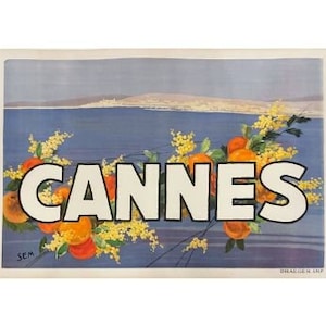 Cannes de SEM, cartel de viaje francés antiguo original impreso alrededor de 1920 con reverso de lino (no es una reproducción)