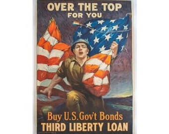 Over the Top (WWI Bonds) by Sidney Riesdenberg-Original 1917 Vintage Poster-Linen Backed