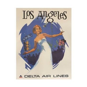 Vintage Delta Airlines Los Angeles Travel Poster: Fred Sweney, Circa 1975