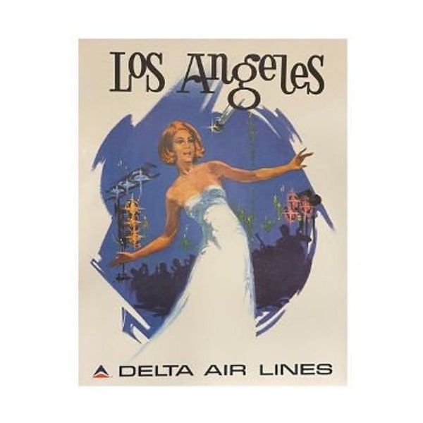 Delta Airlines Los Angeles Travel Poster by Fred Sweney Original Airline Poster Printed Circa 1975 Linen Backed (Not a reproduction)