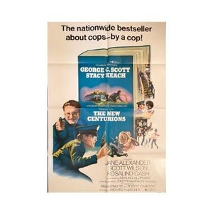 May include: Film poster for the movie "The New Centurions" starring George C. Scott and Stacy Keach. The poster features a blue and white colour scheme with a photo of the actors in uniform.
