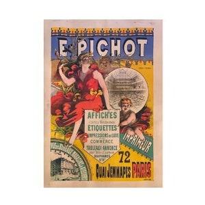 E. Pichot Printer Original Antique French Stone Lithograph Poster Advertising Print Services - Impreso en 1900 con respaldo de lino (no es una reproducción)