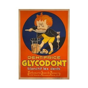 Zahnpflege Glycagon (Zahnpasta) von John Onwy-Original 1920 Belgische Stein Lithographie Poster mit Leinenrücken