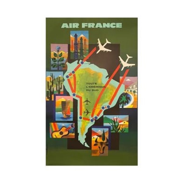 Air France Toute L'Amérique Du Sud Original French Aviation Poster Printed 1965 Linen Backed (Not a reproduction)