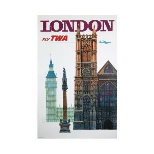 London-Fly TWA by David Klein Original Airline Poster Printed 1962 Linen Backed (Not a reproduction)