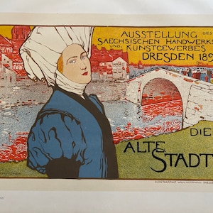 Vintage Horizontal Poster Printed Circa 1897 Maitres De L&#39;Affiche Plate No. 68 Advertising An Exhibition in Dresden, Germany