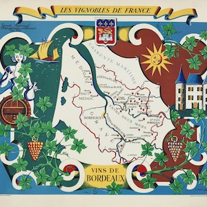 Les Vignobles De France Vins De Bordeaux Original Französisches Wein Reiseplakat Von Hetreau Gedruckt Circa 1954 Leinenrücken (Keine Reproduktion)