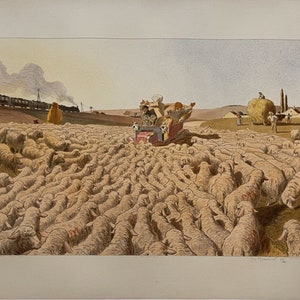 May include: A vintage illustration of a car driving through a field of sheep. The car is filled with people, and there is a train in the background. The illustration is in a muted color palette, with shades of brown, beige, and gray.