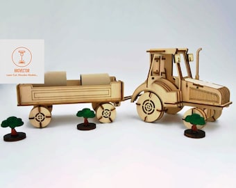 Tractor cortado con láser con modelo de remolque 3D juguete de madera decorativo 3 mm House Plan SVG CDR archivos