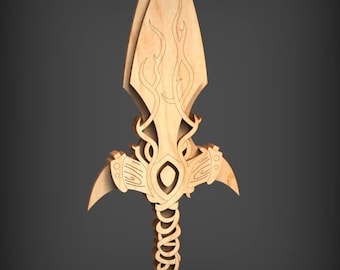 May include: A wooden sword with intricate carvings and a flame-like design. The sword has a long, thin blade and a detailed handle.