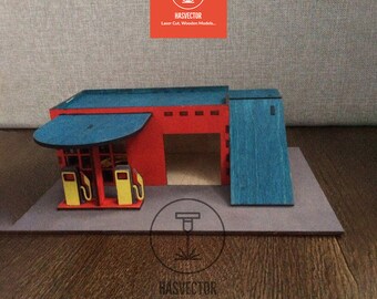 Lasercut gasolinera modelo madera 3D rompecabezas juguete 4 mm Plan Vector SVG CDR archivos