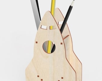 Lasercut Pen Holder Wooden Desk Organizer Rocket Pattern Model For Kids 3 mm Plan SVG DXF Files
