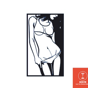 May include: Black and white line art illustration of a woman in a swimsuit. The woman is standing with her arms at her sides and her legs slightly apart. She is looking to the right. The illustration is in a square frame.