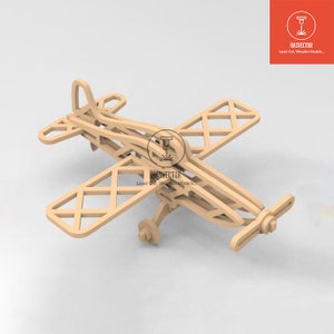 Może przedstawiać: Drewniany model samolotu z laserowo wyciętymi elementami. Model jest złożony i gotowy do pomalowania. Zestaw został wykonany przez HASVECTOR Laser Cut Wooden Models.