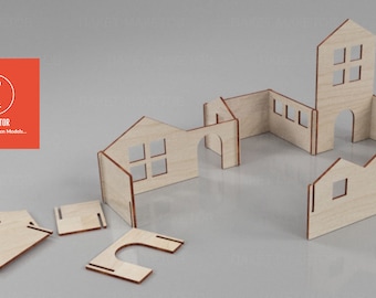 May include: A wooden model kit of a house with multiple rooms and a tower. The kit is made up of individual pieces that can be assembled to create a complete house. The pieces are laser cut and have a natural wood finish.