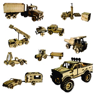 Laser geschnittenes Spielzeug Set-9 Sonderanfertigungen! Bagger, Car+Caravan, Feuerwehrauto, Gabelstaber, Mining, Traktor etc. Modell 3D Plan Holzspielzeug 3 mm DXF Dateien