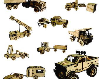 Laser Cut Toy Set-9 Special Design! Backhoe, Car+Caravan, Fire Truck, Forklift, Mining, Tractor etc. Model 3D Plan Wooden Toy 3 mm DXF Files