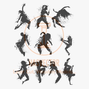 May include: Silhouettes of eight dancers in various poses, with a splatter effect background. The dancers are all in mid-air, with their limbs extended. The background is a light gray color, with black splatter paint.