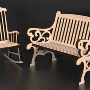 Laserskuren stol och bänk i trä, 3 och 4 mm planritning, SVG DXF-filer