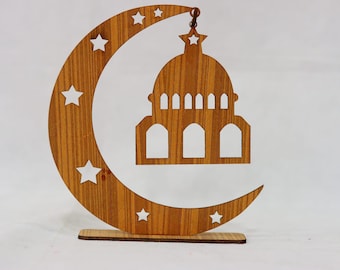 Crescent With Mosque SVG, Islamic Decorative Stand Laser Cut File for 3 mm Wood, Ramadan Decor DXF CDR Pdf Template