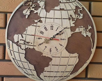 World Map Wall Clock Laser Cut File | Wooden Clock Design SVG DXF Cdr PDF | Modern Wall Art for Wood