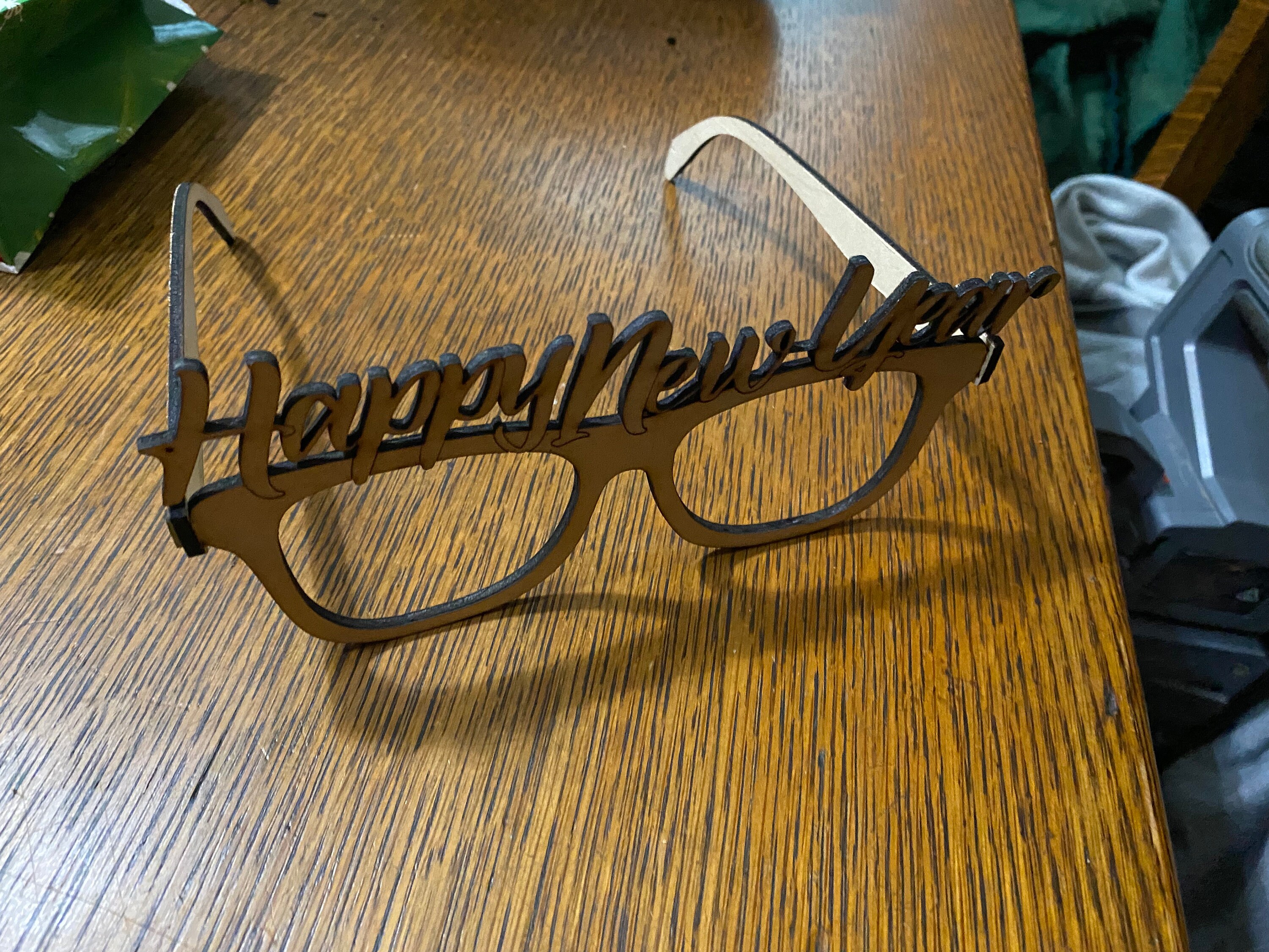 Lasercut Glasses Model Wooden 3D Happy New Year Toy 3 mm Plan Vector SVG DXF Files